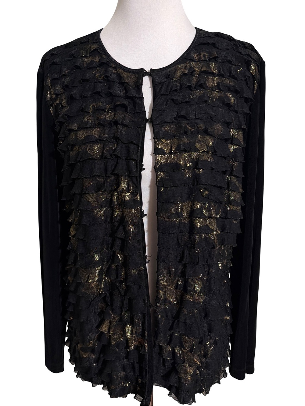 Chico's Travelers Black and Gold Ruffle Front Cardigan